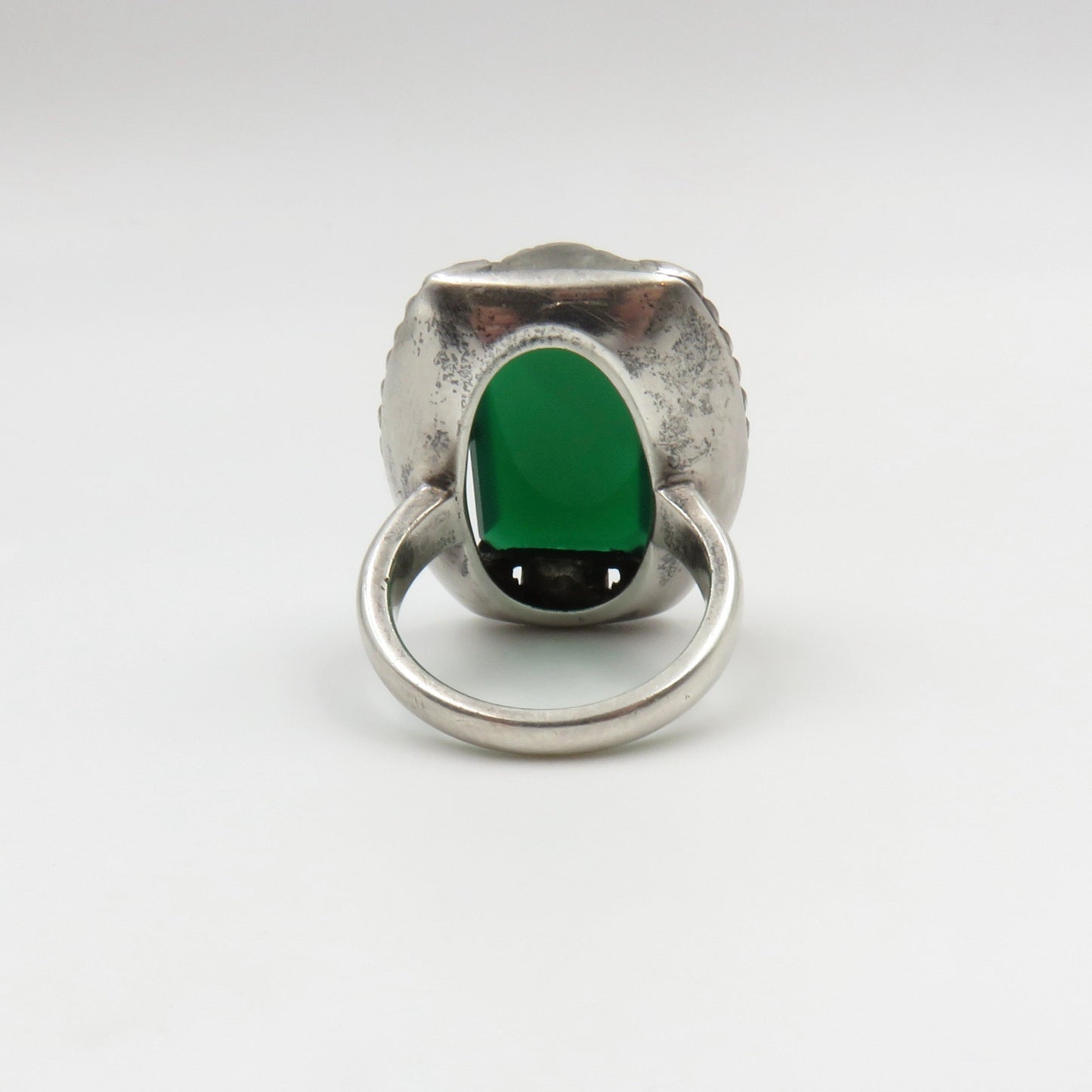 Circa 1930. Sterling Silver, Chrysoprase and Marcasite Ring