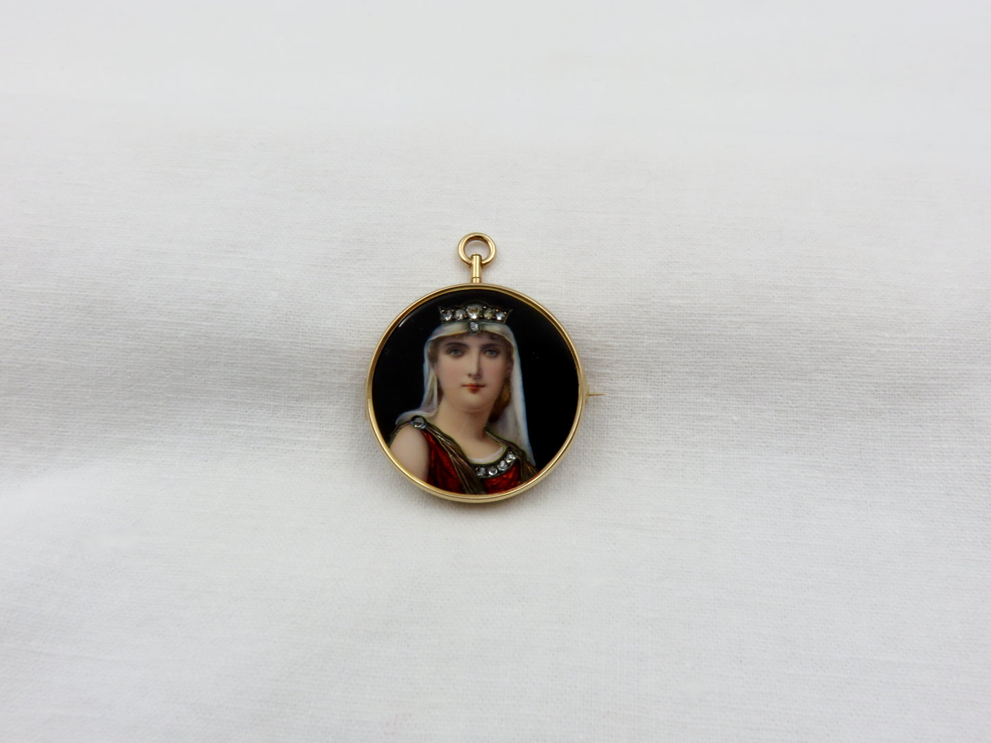 Circa 1890. Hand Painted Brooch of Victorian Lady