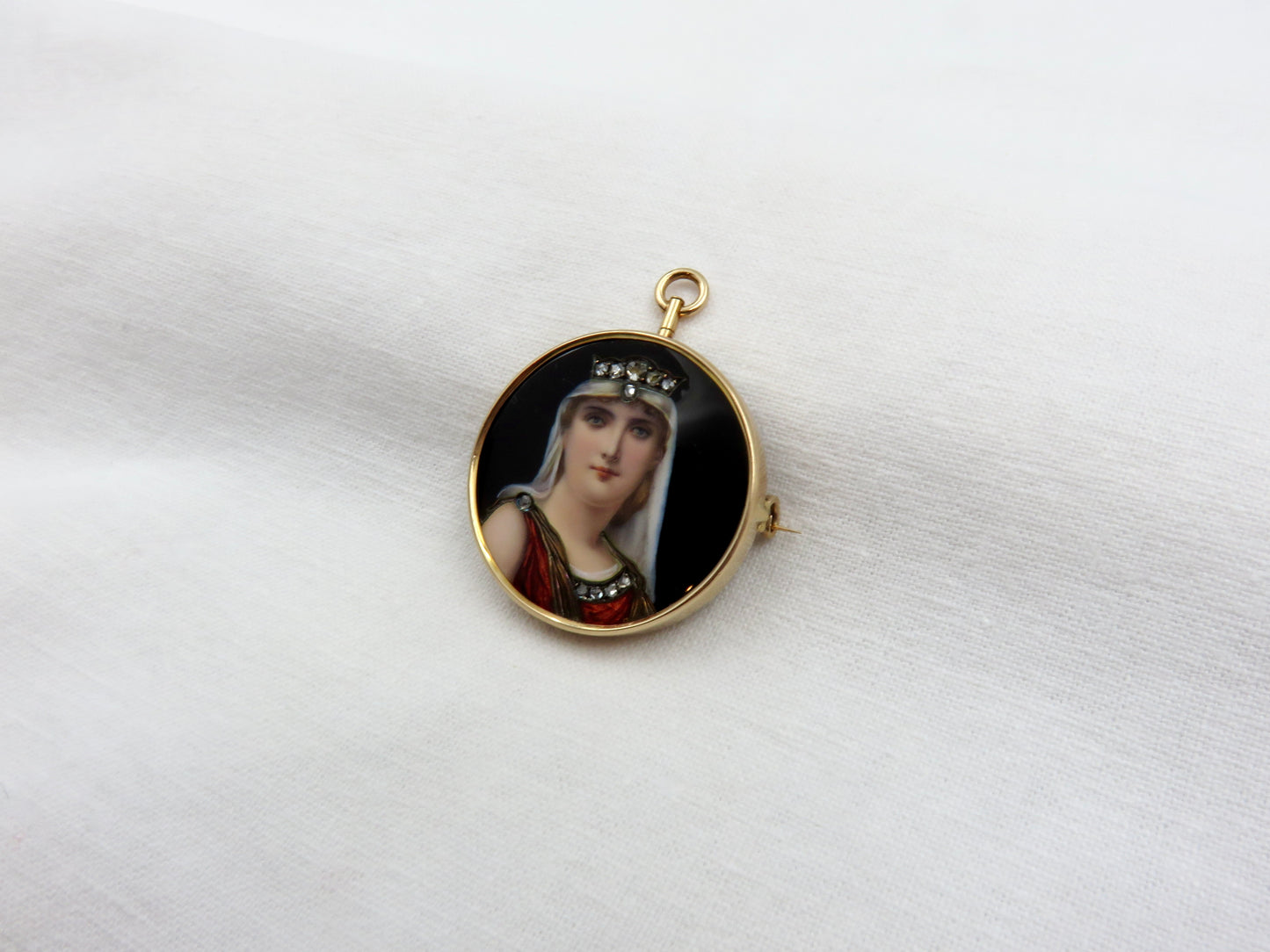 Circa 1890. Hand Painted Brooch of Victorian Lady