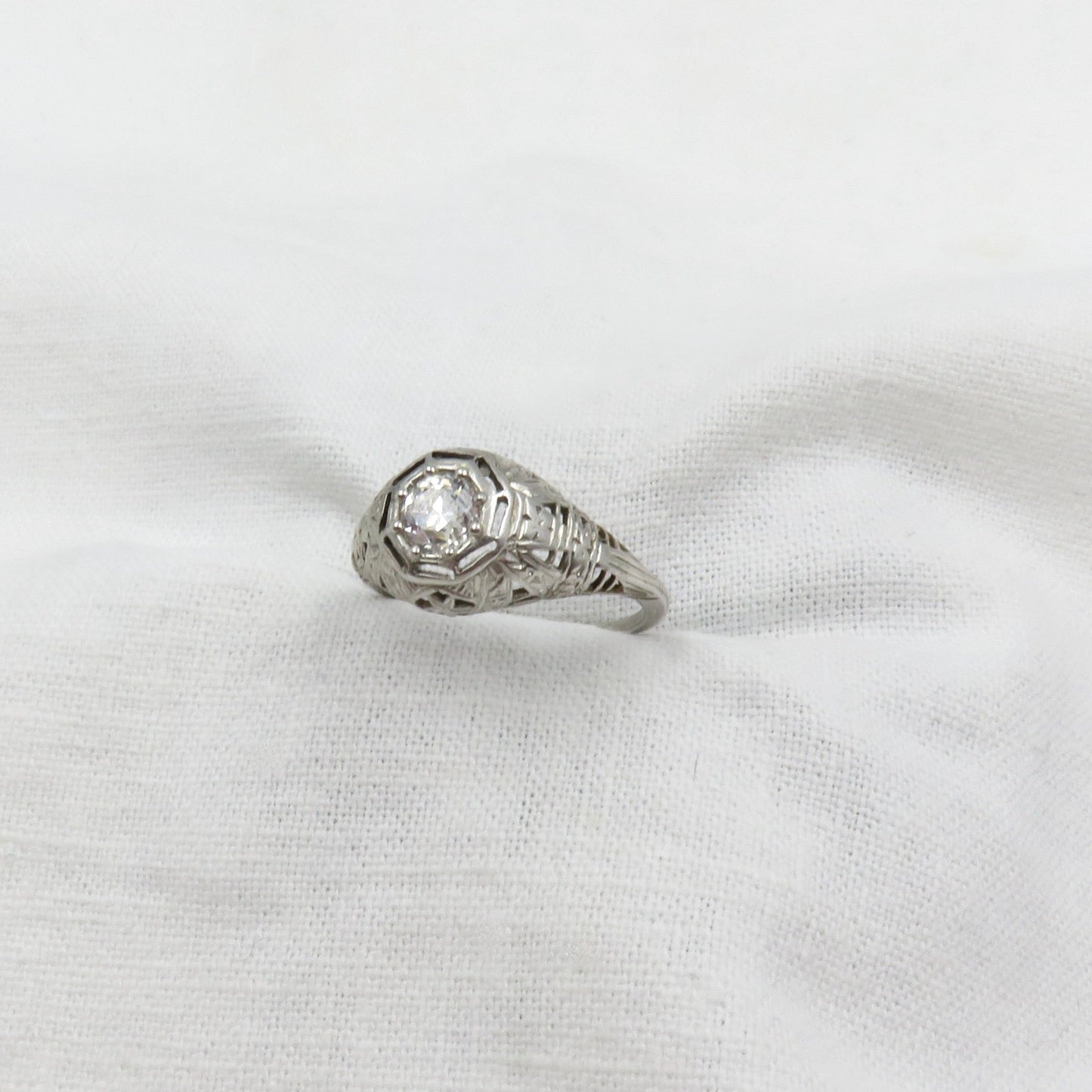 On Sale. Circa 1930 .58 Carat VS2, Color H, Old European cut Diamond Engagement Ring set in 18kt White Gold