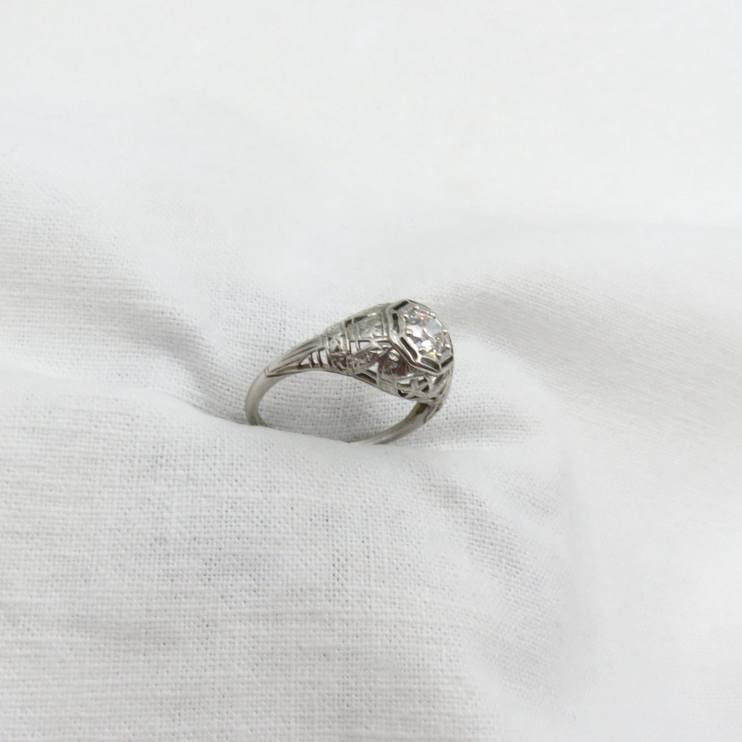 On Sale. Circa 1930 .58 Carat VS2, Color H, Old European cut Diamond Engagement Ring set in 18kt White Gold