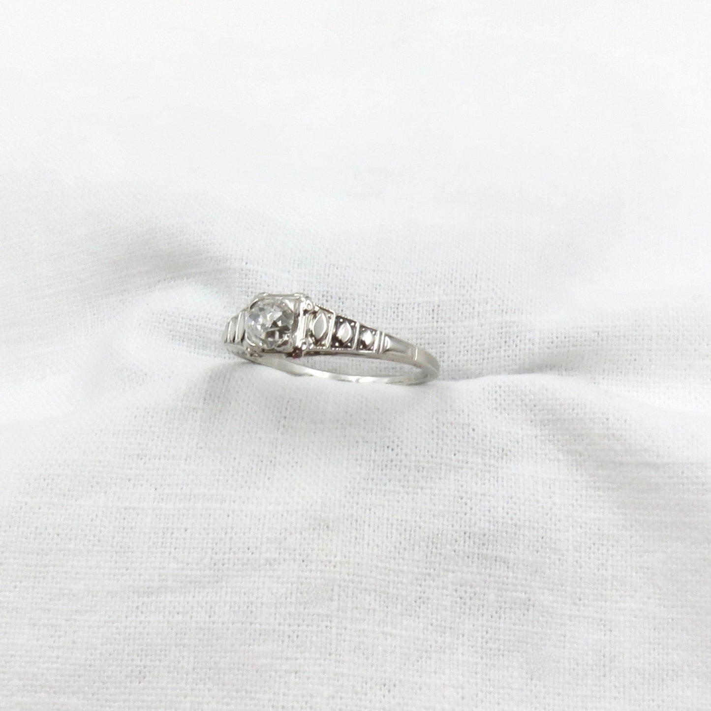Circa 1930 Old Mine Cut Diamond Engagement Ring in 14KT White Gold