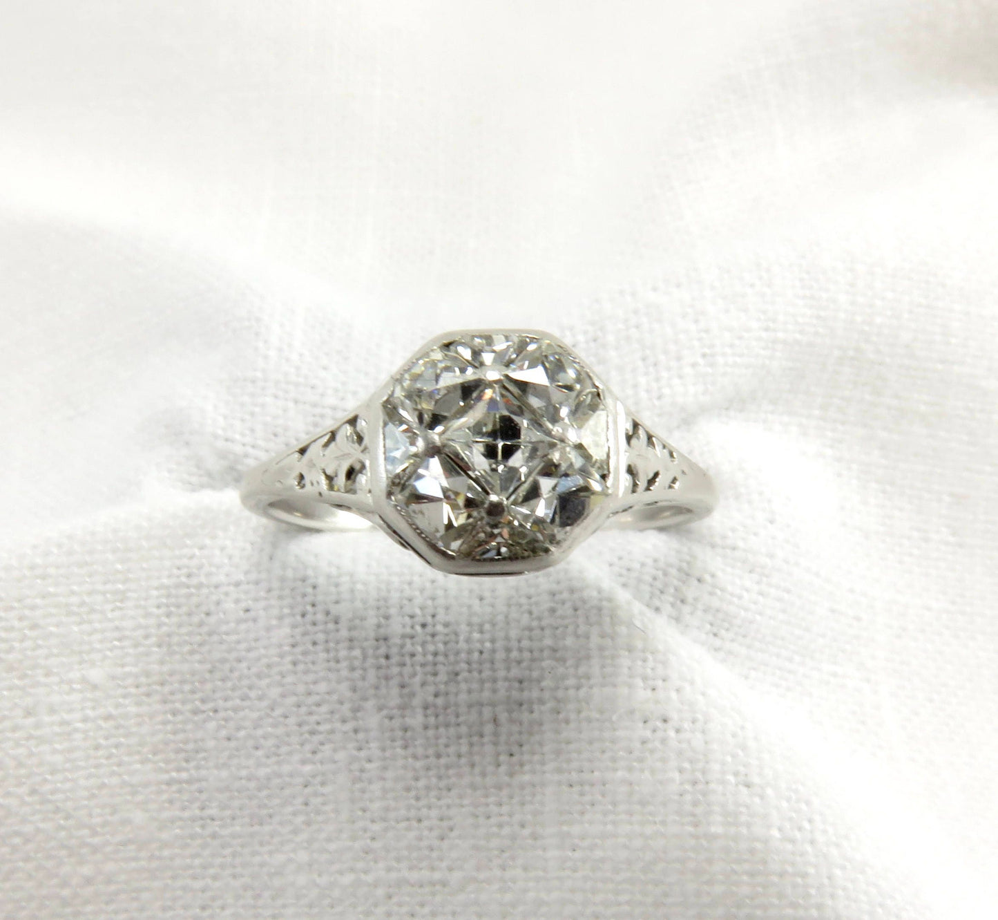 Circa 1915 Edwardian Platinum Engagement Ring with French Cut Diamonds, VS2 Clarity.
