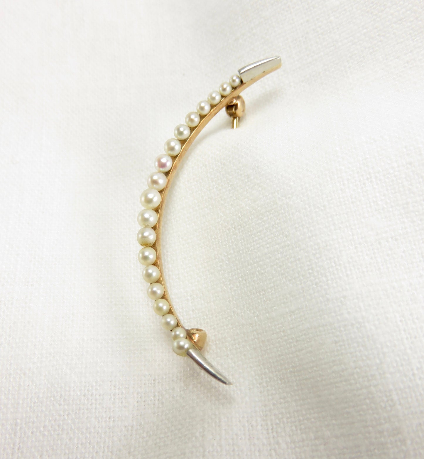 Circa 1880. Victorian 14kt and Pearls Crescent Moon Pin