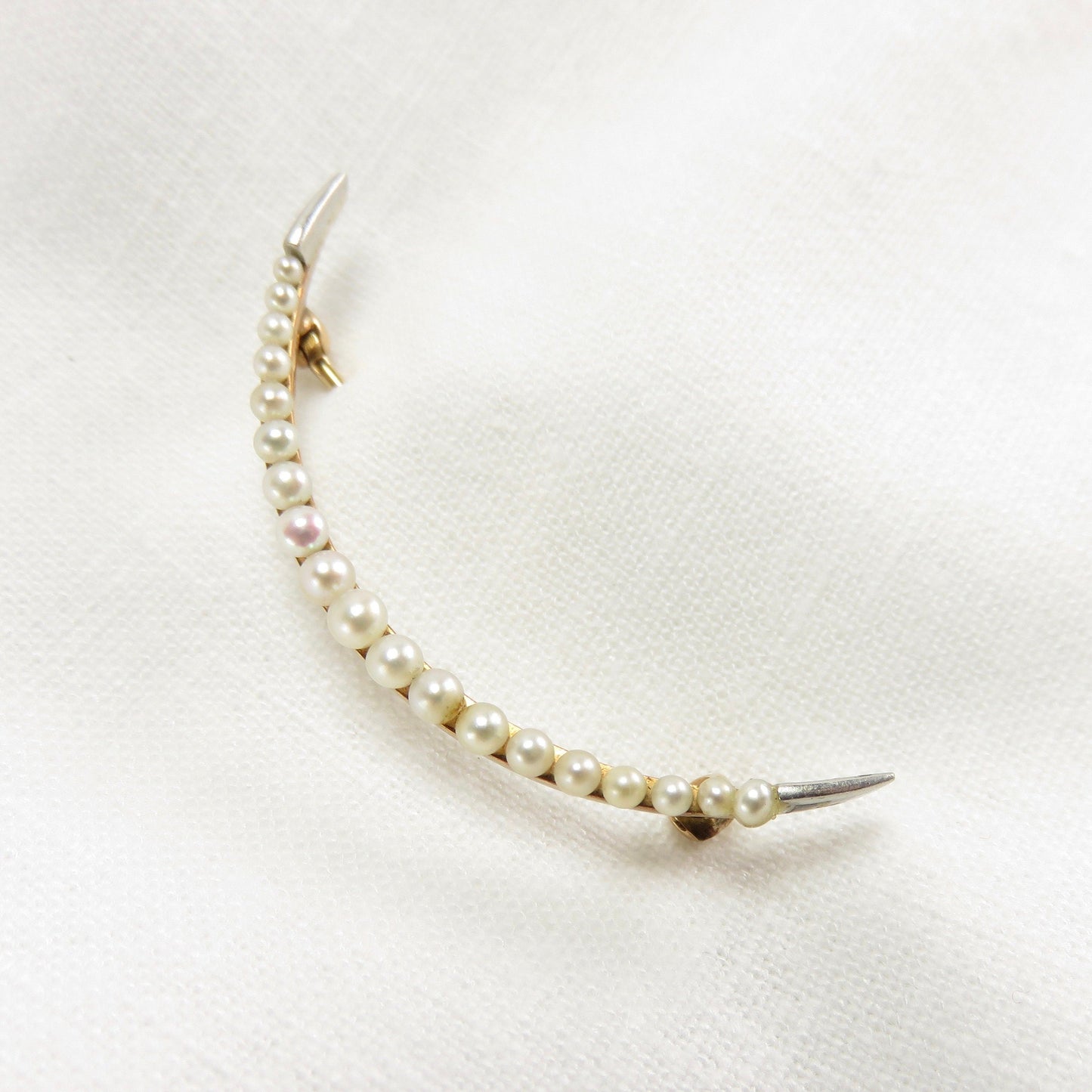 Circa 1880. Victorian 14kt and Pearls Crescent Moon Pin