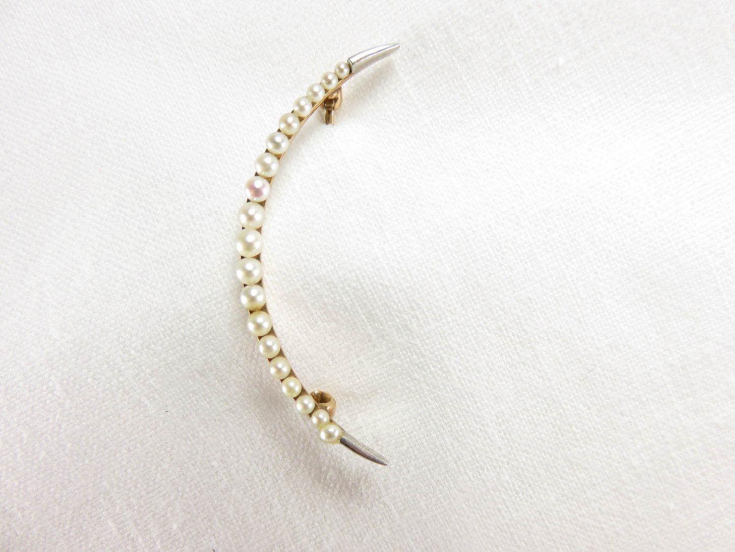 Circa 1880. Victorian 14kt and Pearls Crescent Moon Pin
