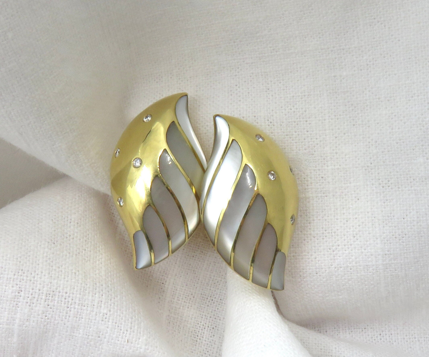 18KT Gold, Diamond and Mother of Pearl Leaf Earrings