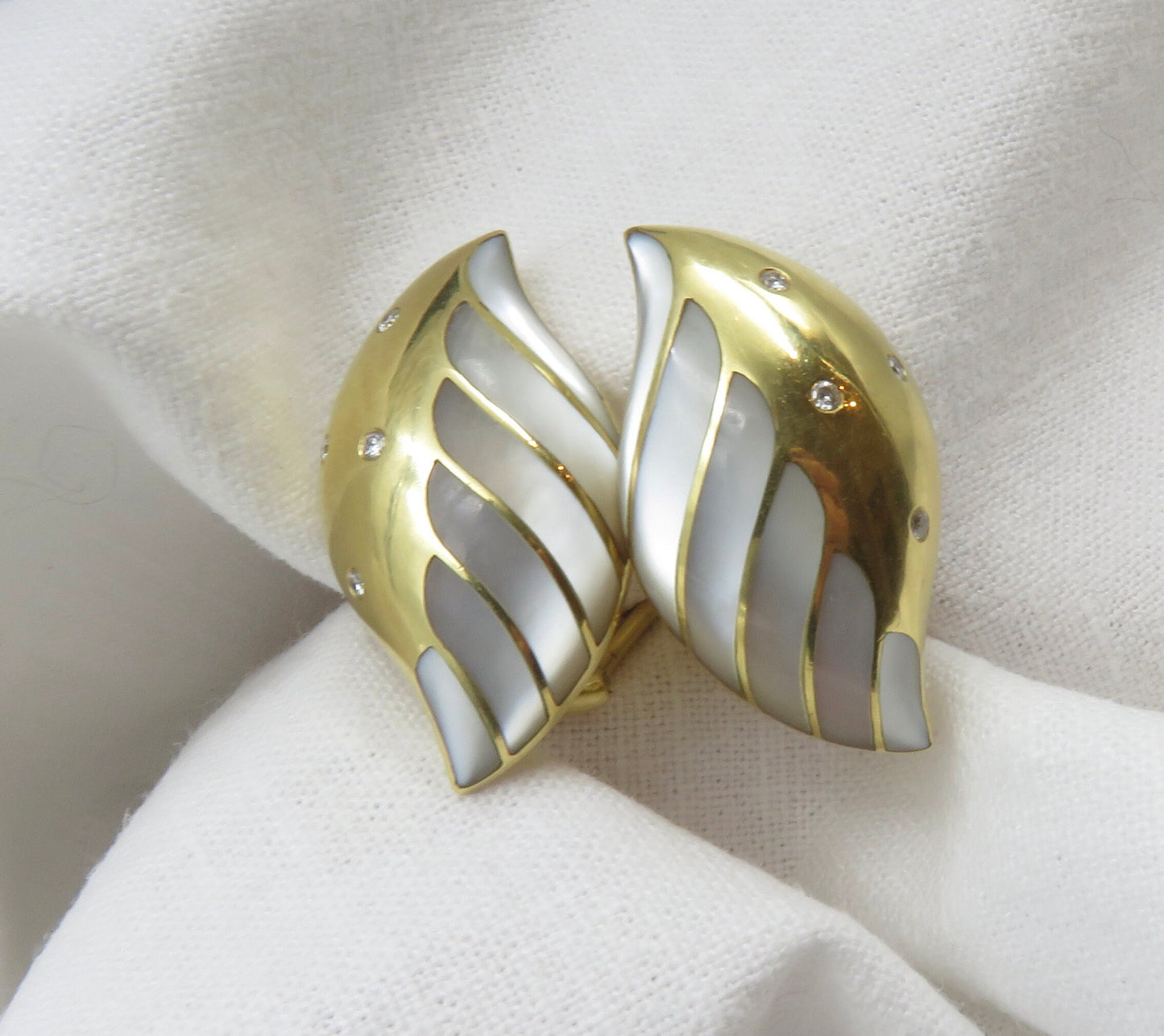 18KT Gold, Diamond and Mother of Pearl Leaf Earrings