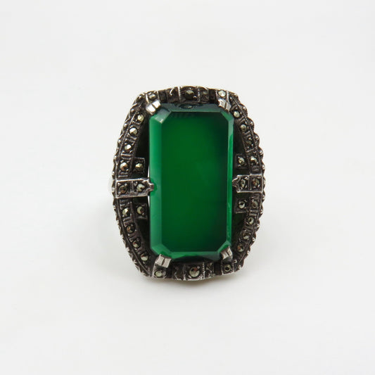 Circa 1930. Sterling Silver, Chrysoprase and Marcasite Ring