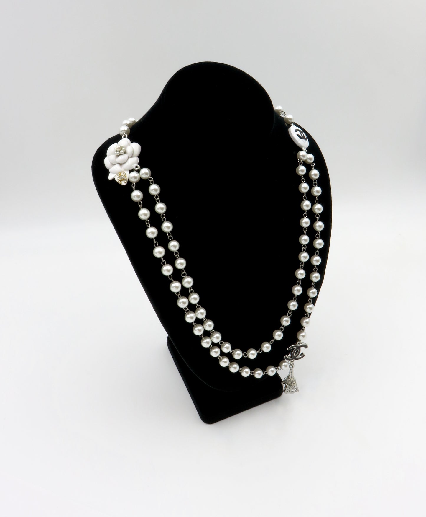 Vintage Chanel Faux Pearl Necklace Featuring Enamel CC logos, Camellia and Eiffel Tower