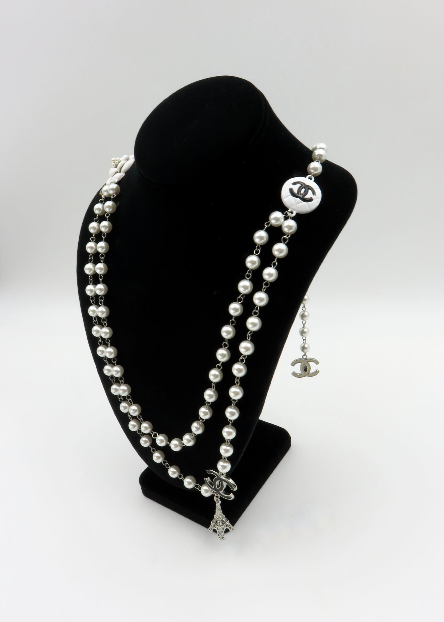 Vintage Chanel Faux Pearl Necklace Featuring Enamel CC logos, Camellia and Eiffel Tower