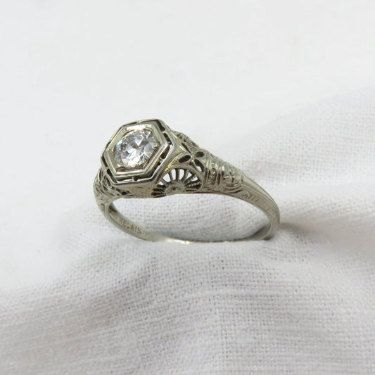 Circa 1930 18kt White Gold and Filigree 0.33 Carat VS2, G color Diamond Engagement  Ring.