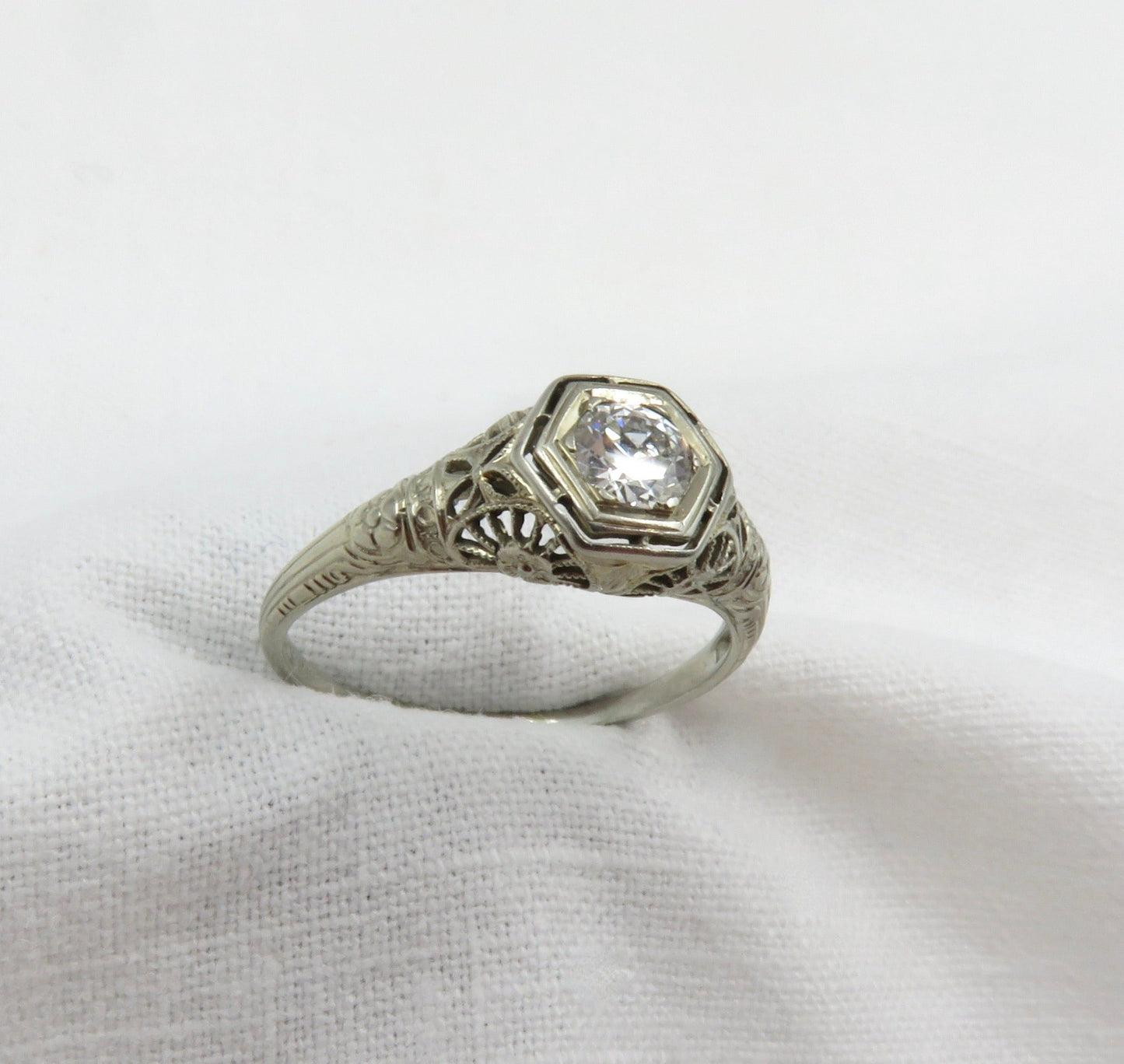 Circa 1930 18kt White Gold and Filigree 0.33 Carat VS2, G color Diamond Engagement  Ring.