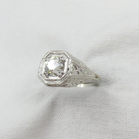 Circa 1930 18KT White Gold Ring with 0.78CT Old European Cut Diamond