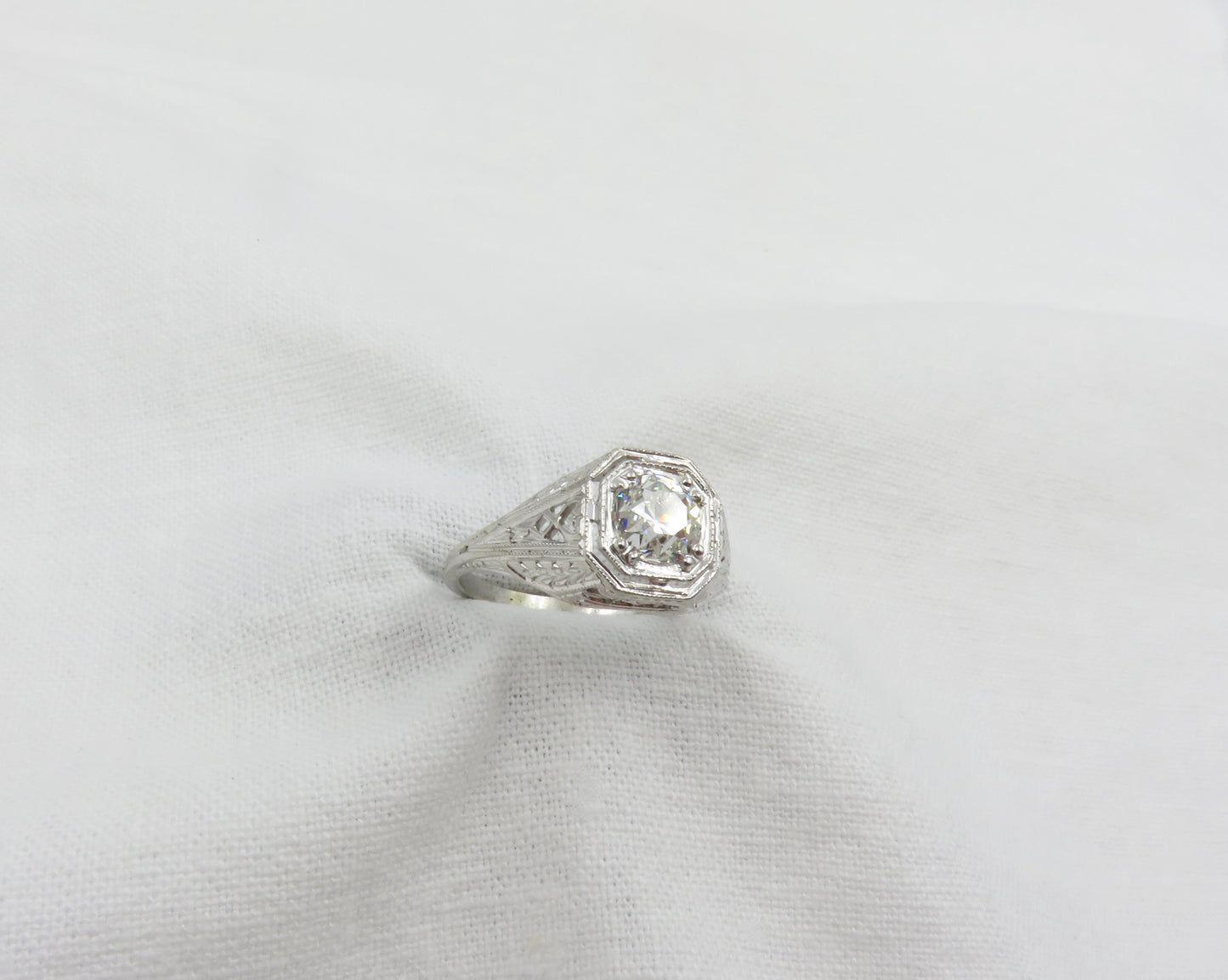 Circa 1930 18KT White Gold Ring with 0.78CT Old European Cut Diamond