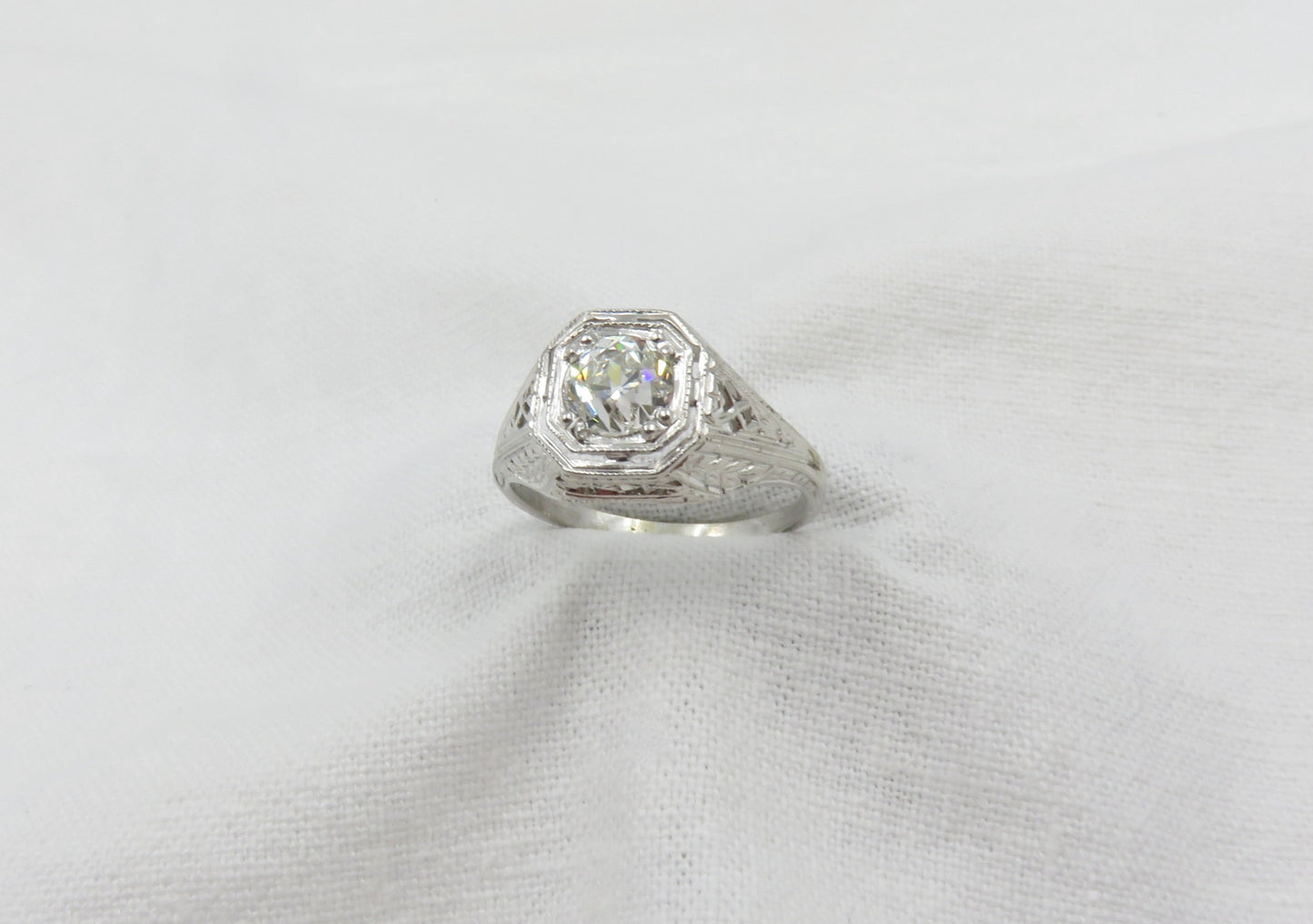 Circa 1930 18KT White Gold Ring with 0.78CT Old European Cut Diamond