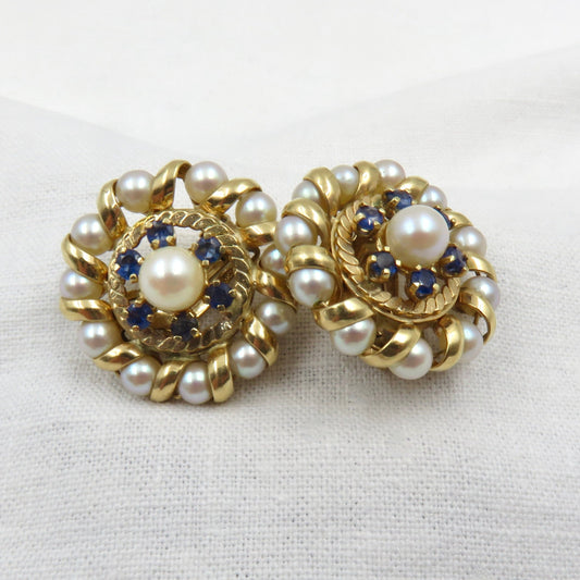 Circa 1950's 14kt Cultured Pearl and Sapphire Earrings