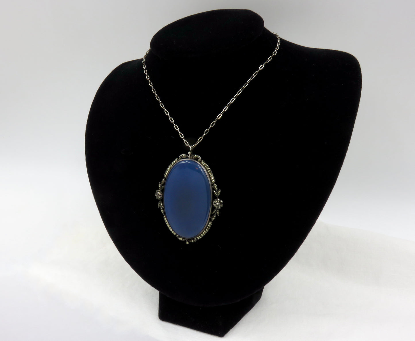 Circa 1920 Chalcedony and Marcasite Pendant Necklace Set in Sterling Silver