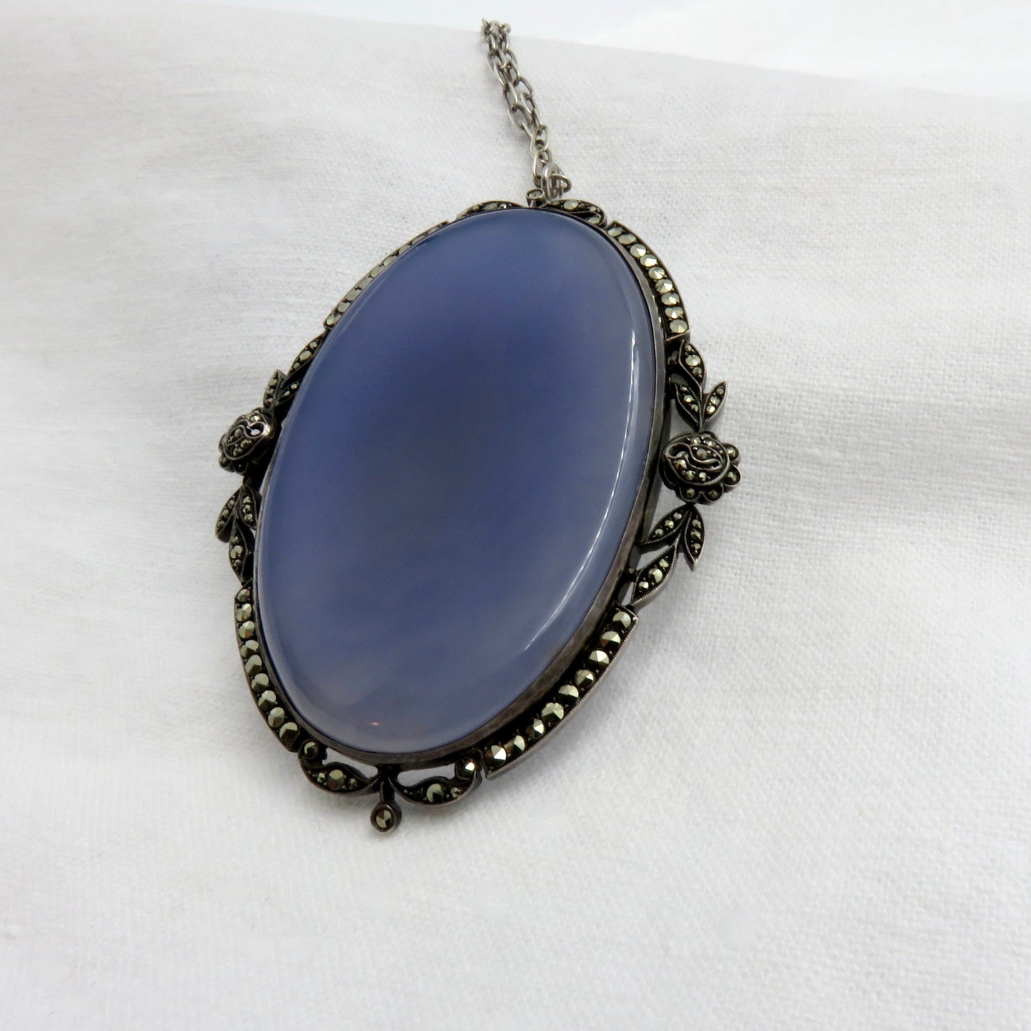 Circa 1920 Chalcedony and Marcasite Pendant Necklace Set in Sterling Silver