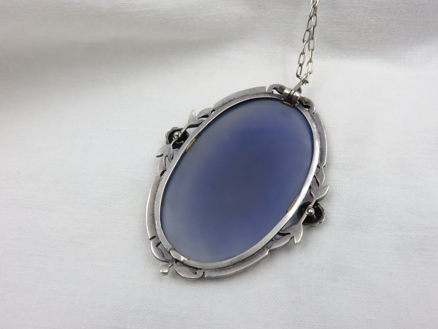 Circa 1920 Chalcedony and Marcasite Pendant Necklace Set in Sterling Silver