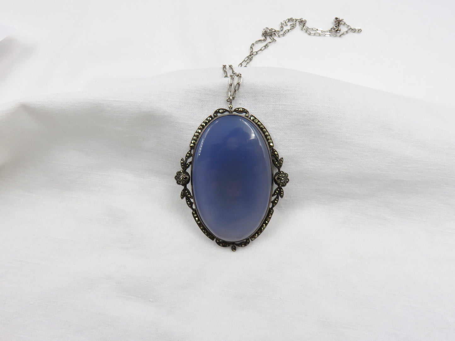 Circa 1920 Chalcedony and Marcasite Pendant Necklace Set in Sterling Silver