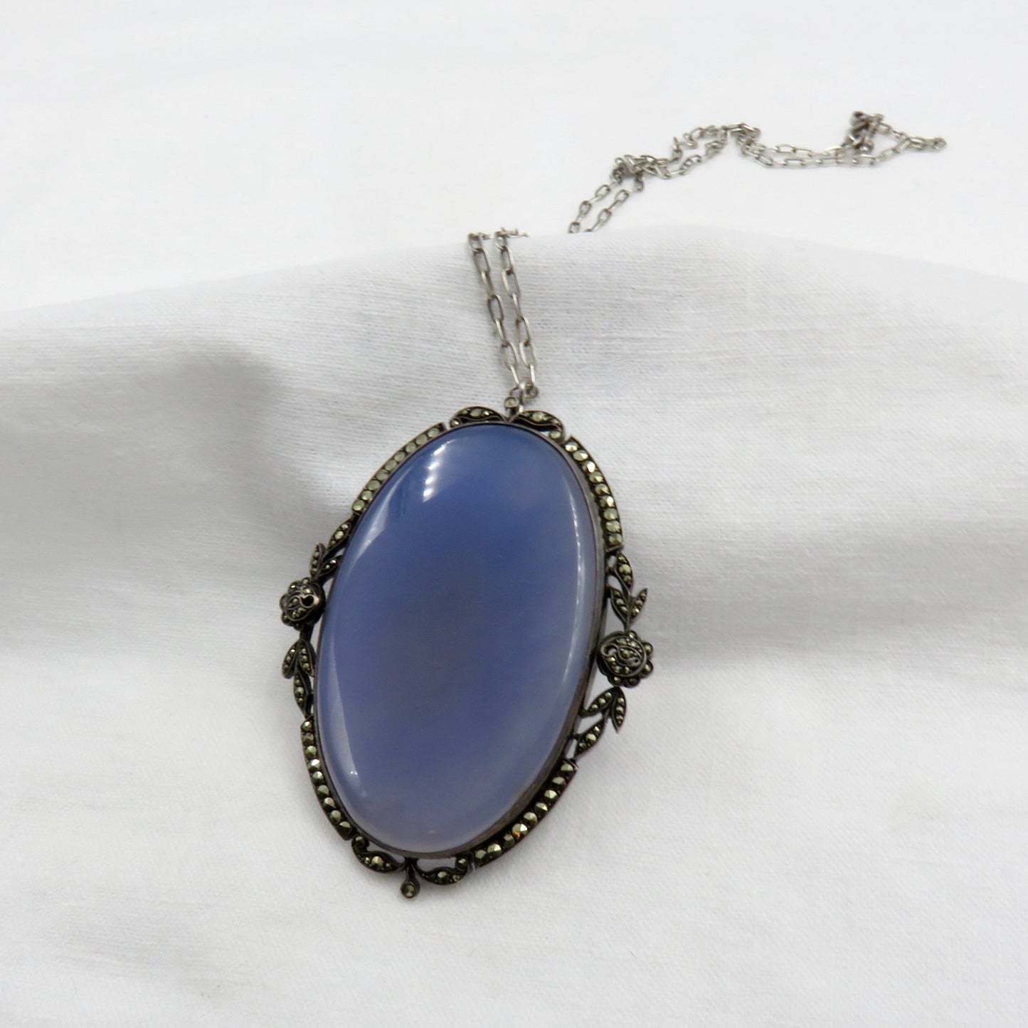 Circa 1920 Chalcedony and Marcasite Pendant Necklace Set in Sterling Silver