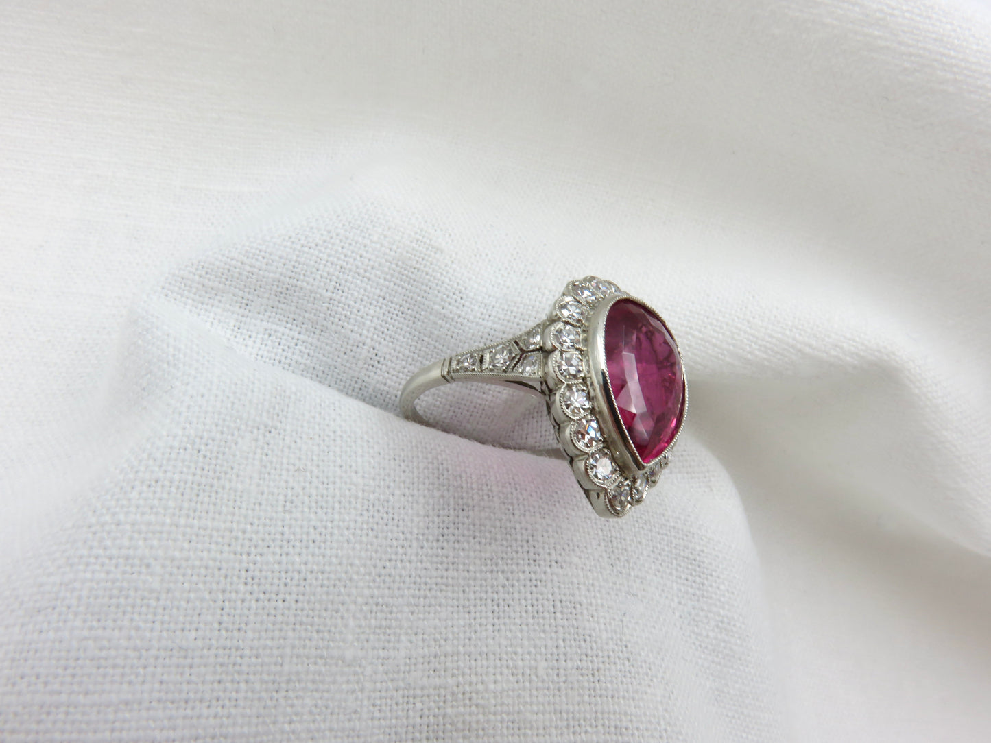 Circa 1950's Pear, Mixed Cut Rubellite Tourmaline Ring