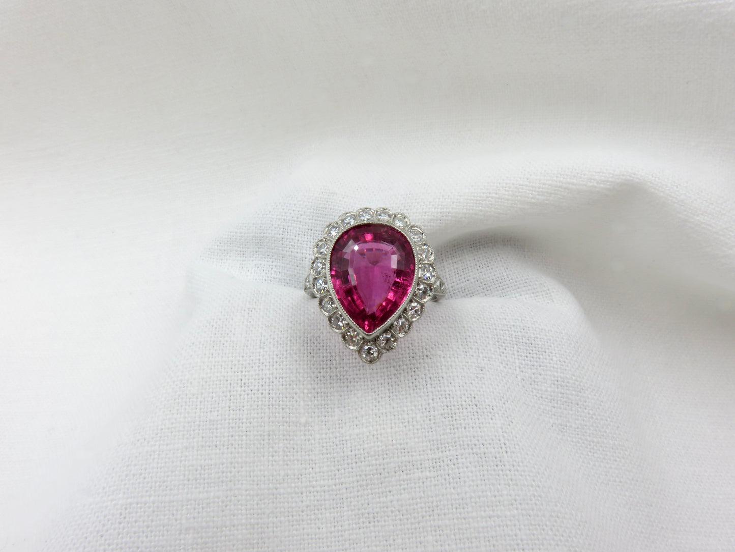 Circa 1950's Pear, Mixed Cut Rubellite Tourmaline Ring