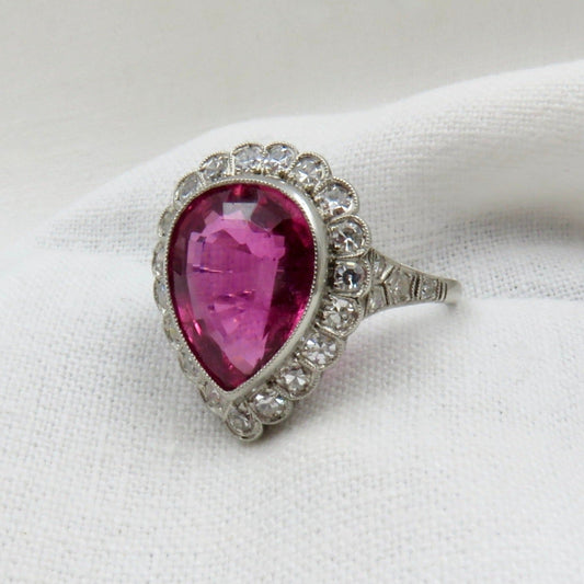 Circa 1950's Pear, Mixed Cut Rubellite Tourmaline Ring