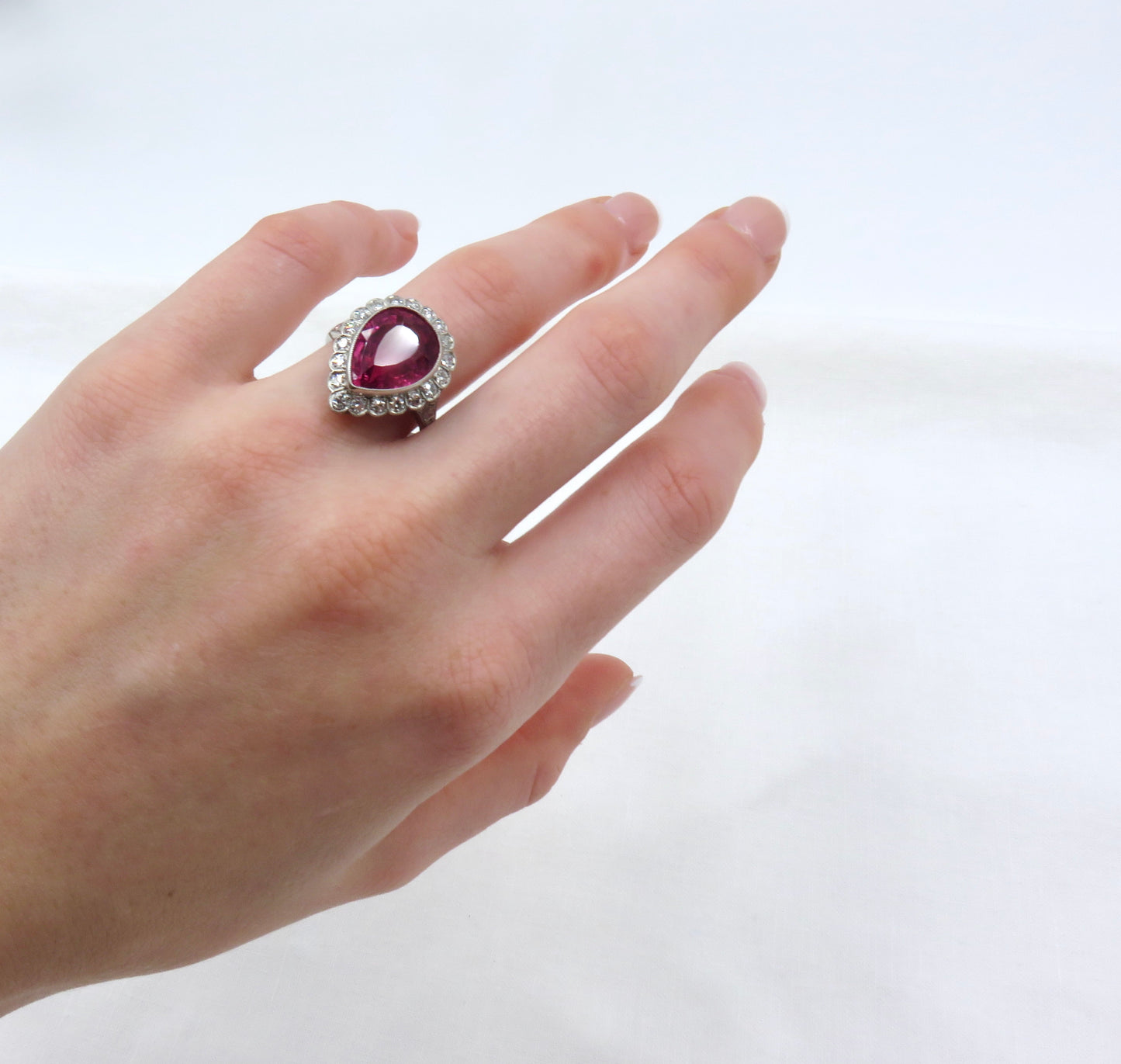 Circa 1950's Pear, Mixed Cut Rubellite Tourmaline Ring