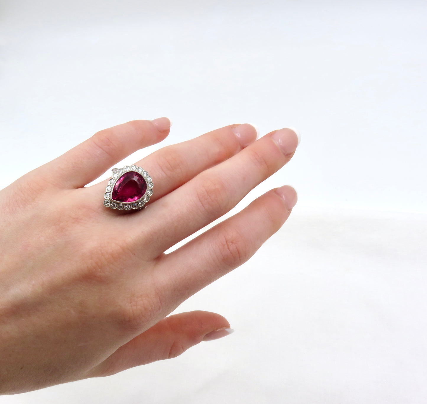 Circa 1950's Pear, Mixed Cut Rubellite Tourmaline Ring