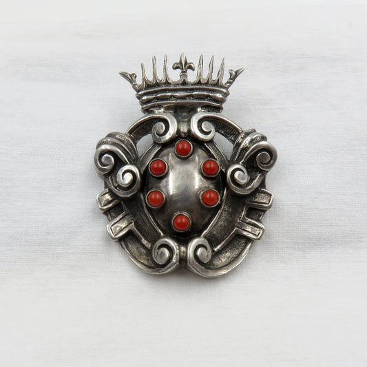 Circa Late 19th Century Silver and Coral Shield and Crown Brooch