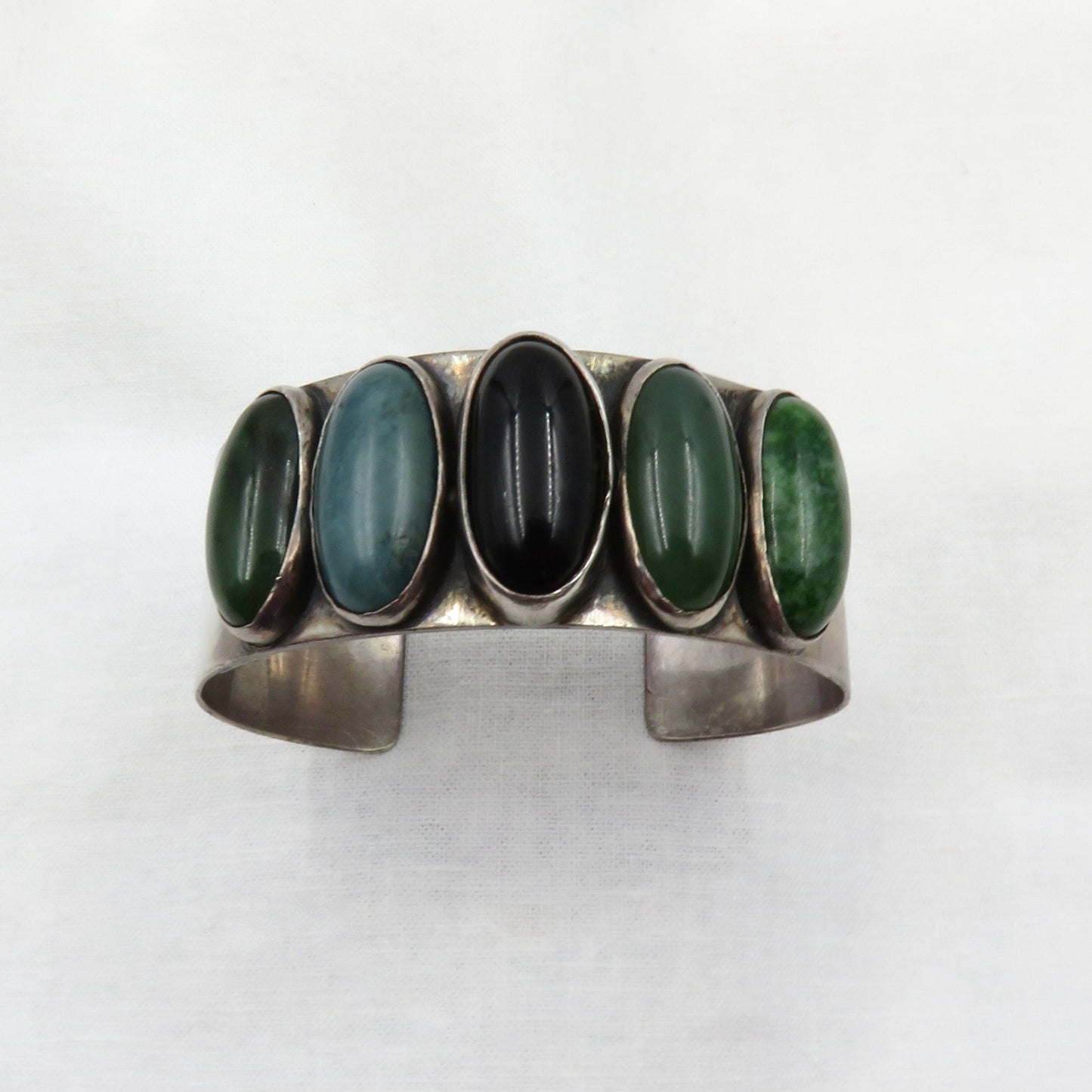 Circa 1970 Nephrite Jade and Onyx Sterling Silver Bracelet