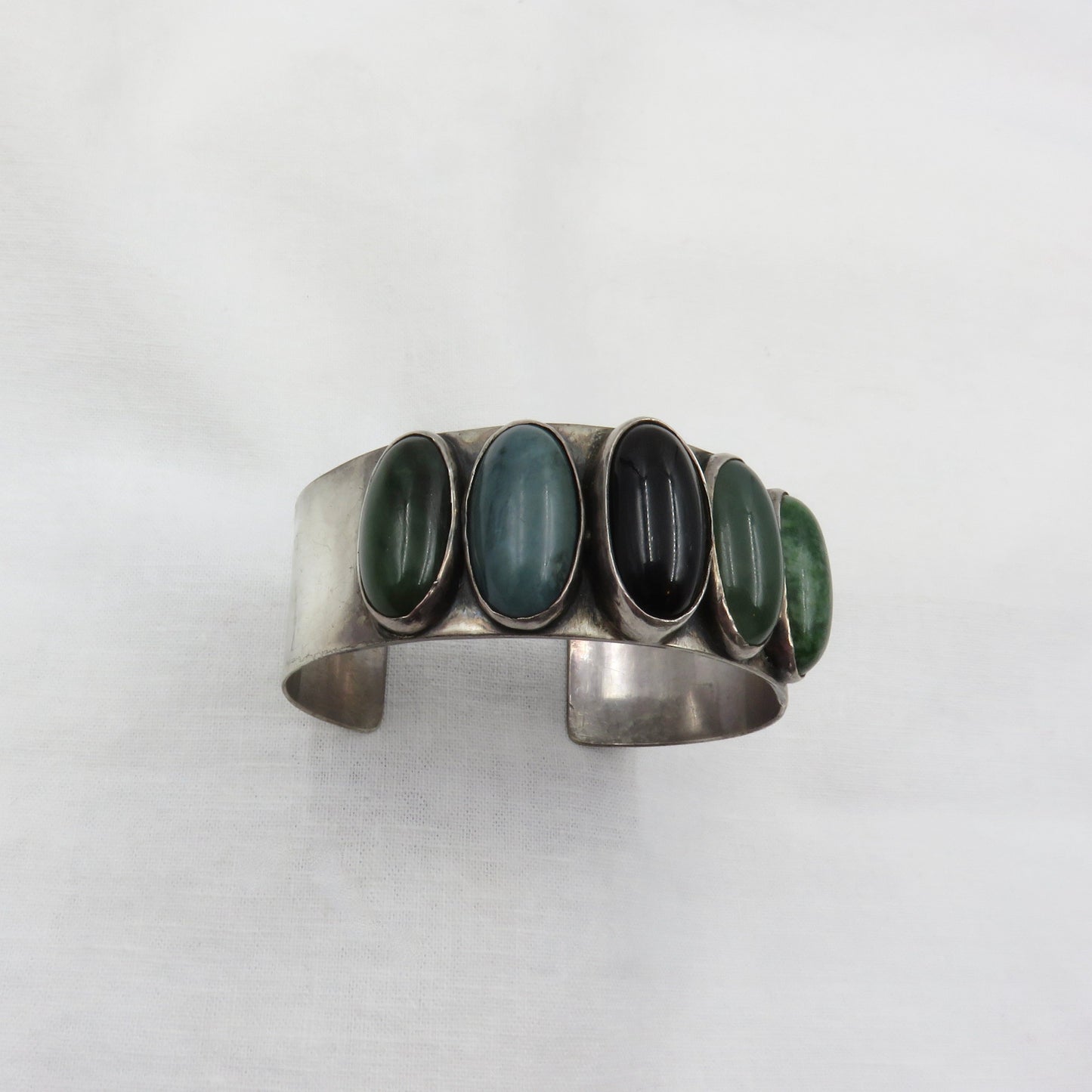 Circa 1970 Nephrite Jade and Onyx Sterling Silver Bracelet