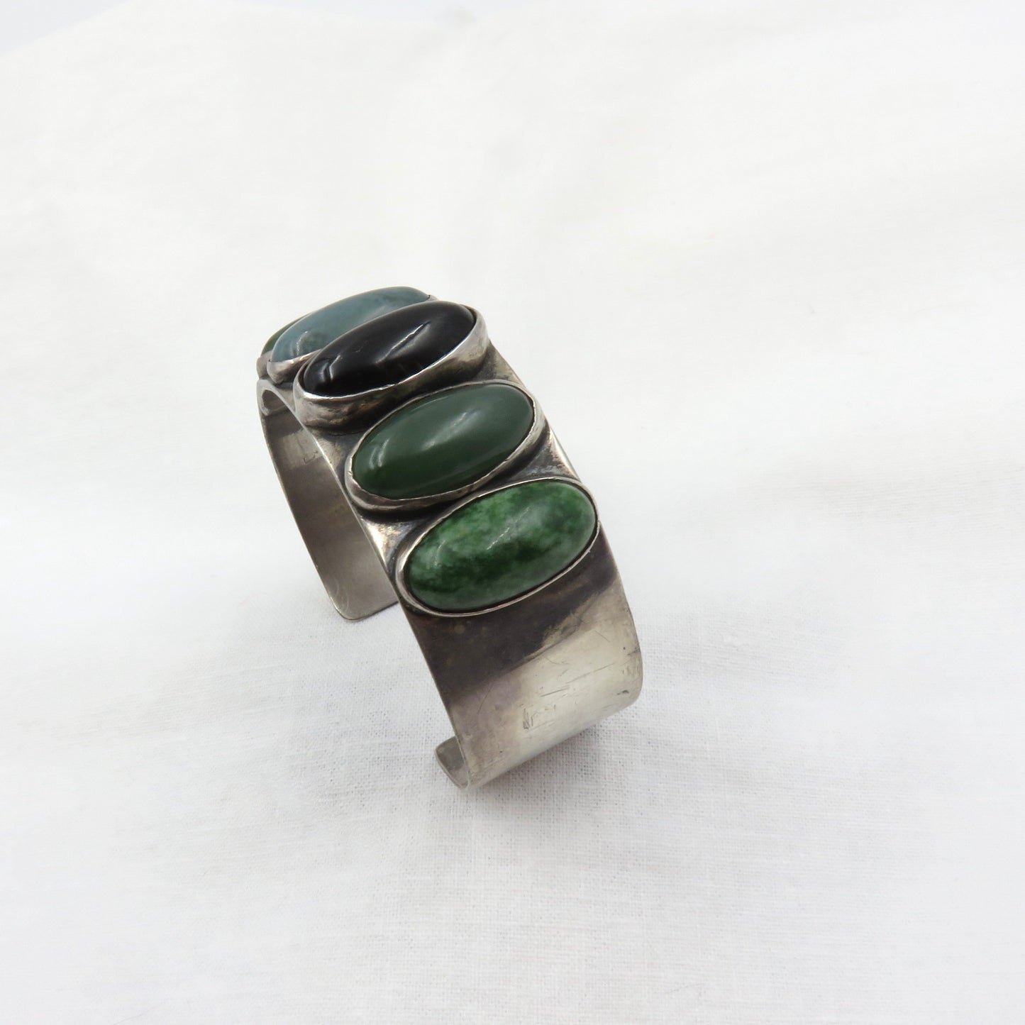 Circa 1970 Nephrite Jade and Onyx Sterling Silver Bracelet