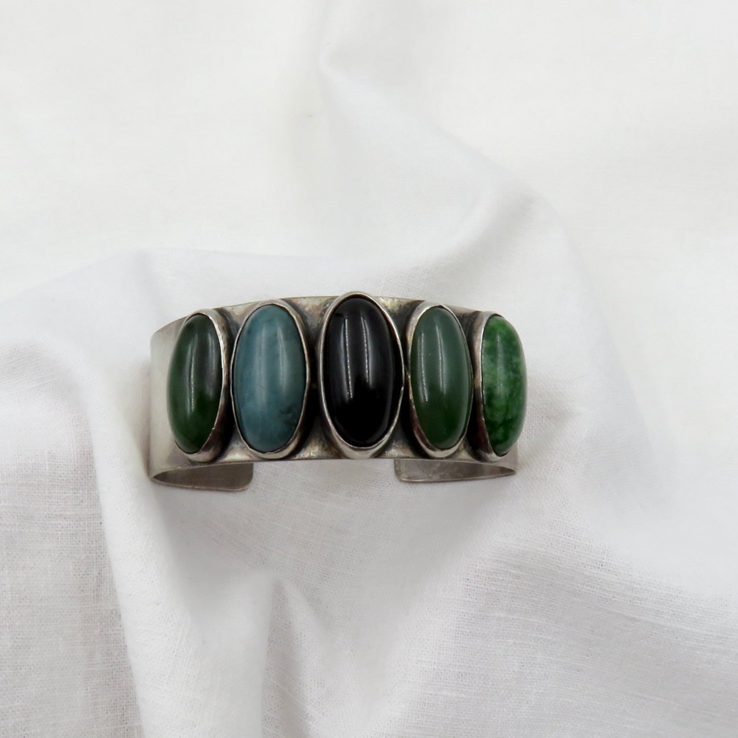 Circa 1970 Nephrite Jade and Onyx Sterling Silver Bracelet