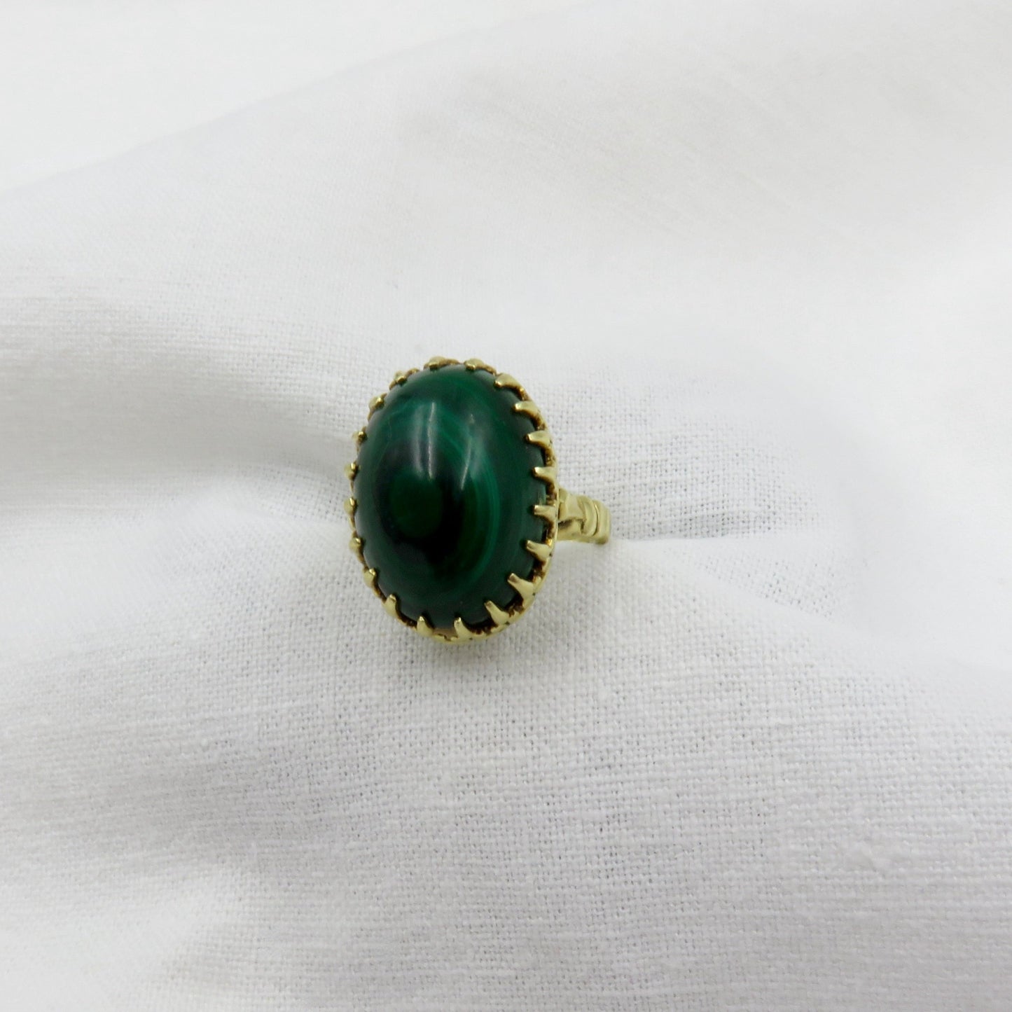 Circa 1950s Green Malachite Cabochon ring set in 14KT Gold