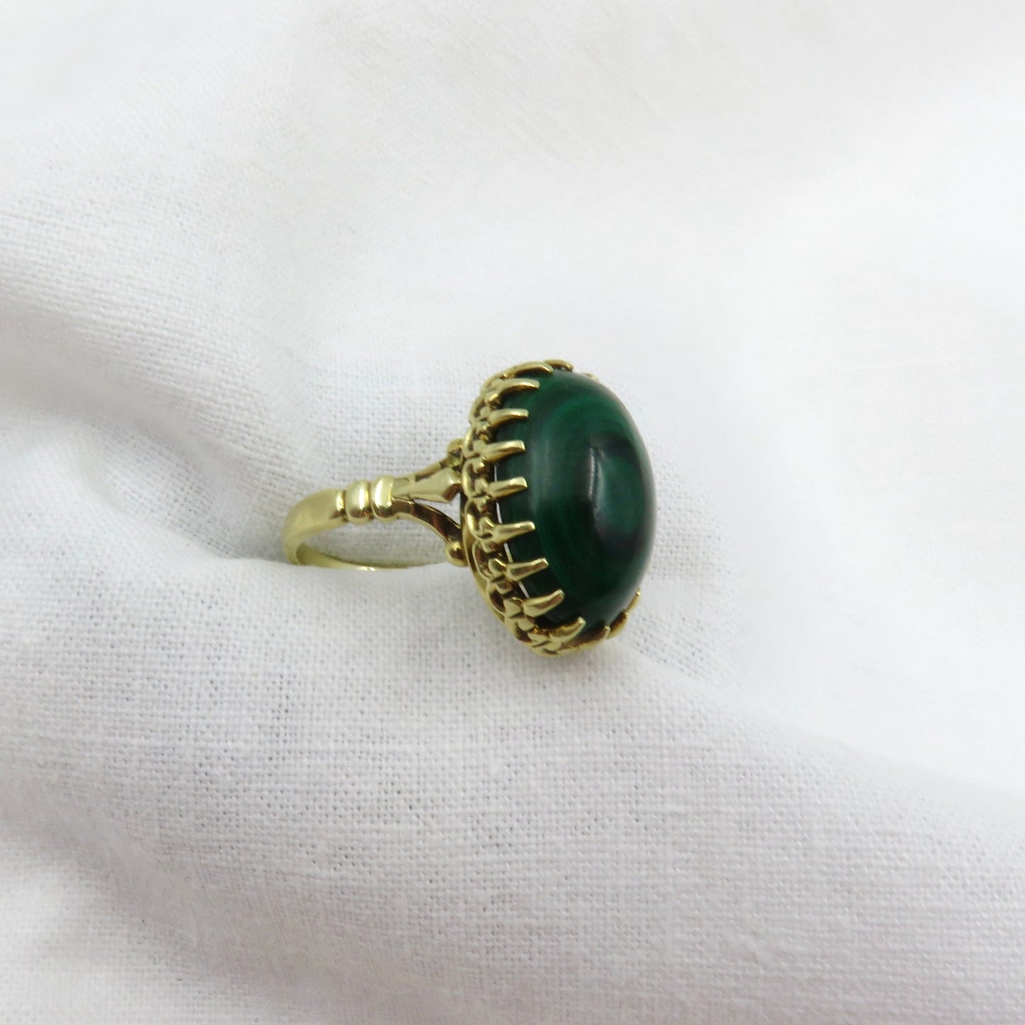 Circa 1950s Green Malachite Cabochon ring set in 14KT Gold