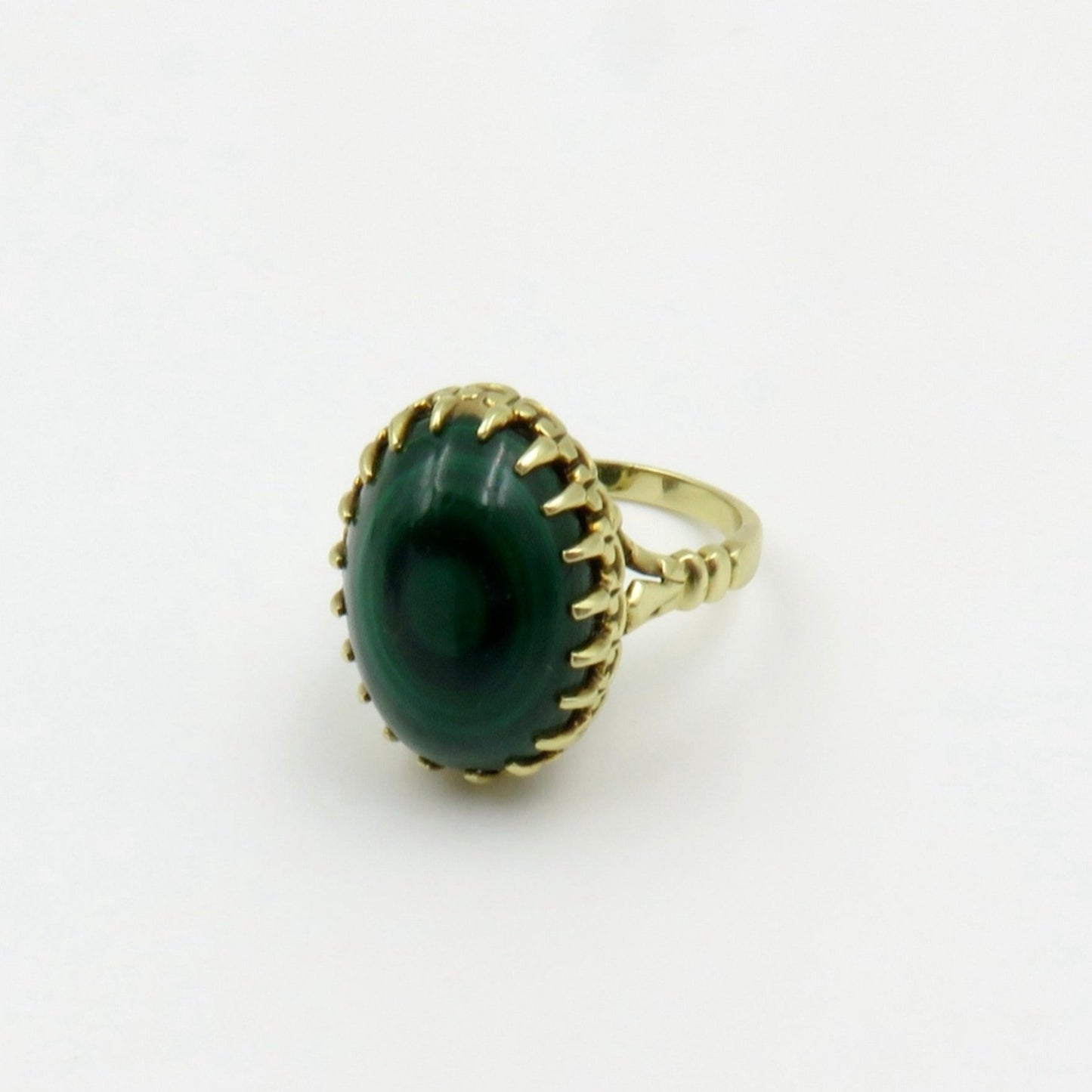 Circa 1950s Green Malachite Cabochon ring set in 14KT Gold