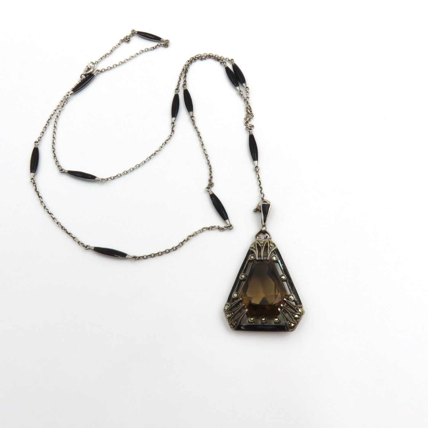 Circa 1920 Sterling Silver and Enamel Pendant set with Smoky Quartz