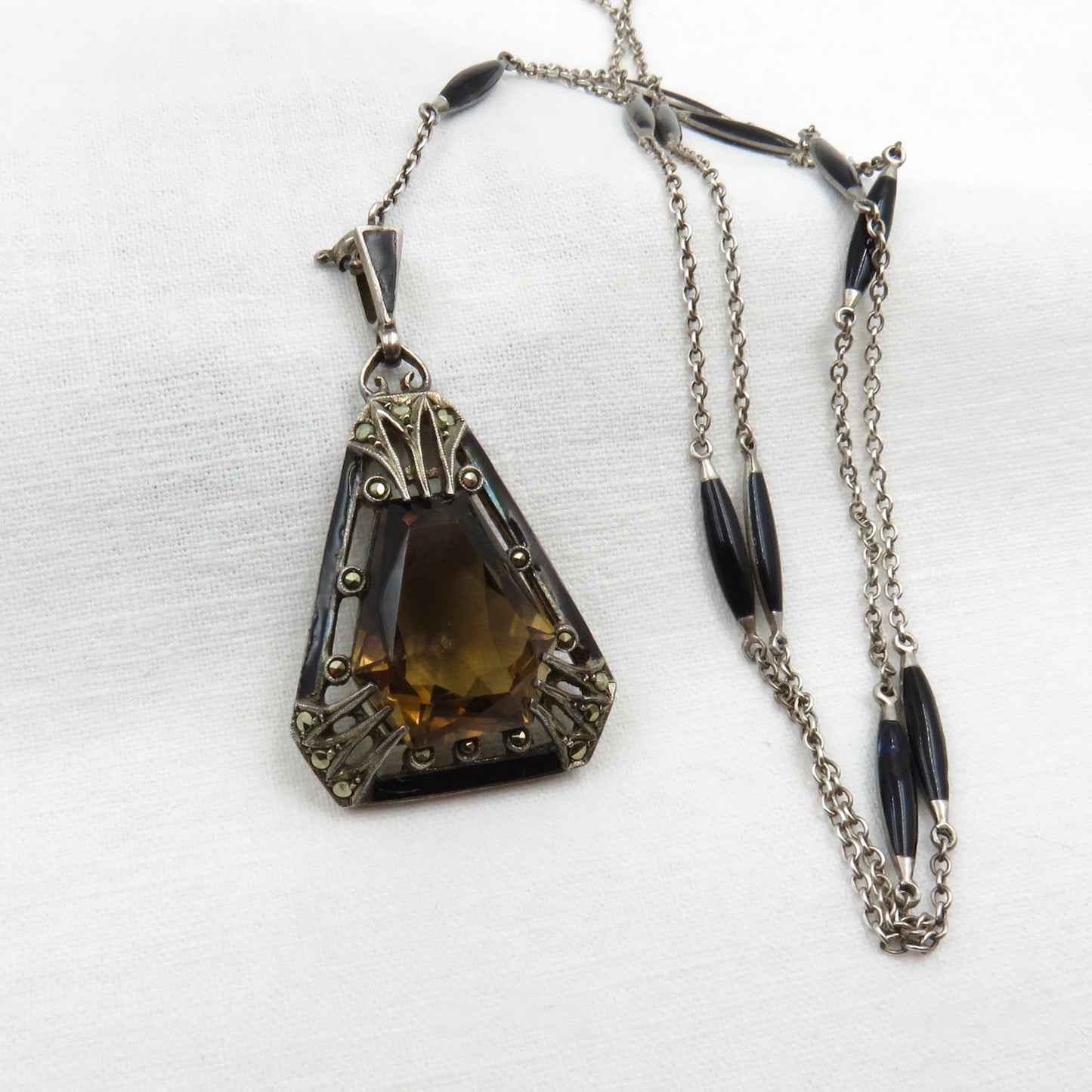 Circa 1920 Sterling Silver and Enamel Pendant set with Smoky Quartz