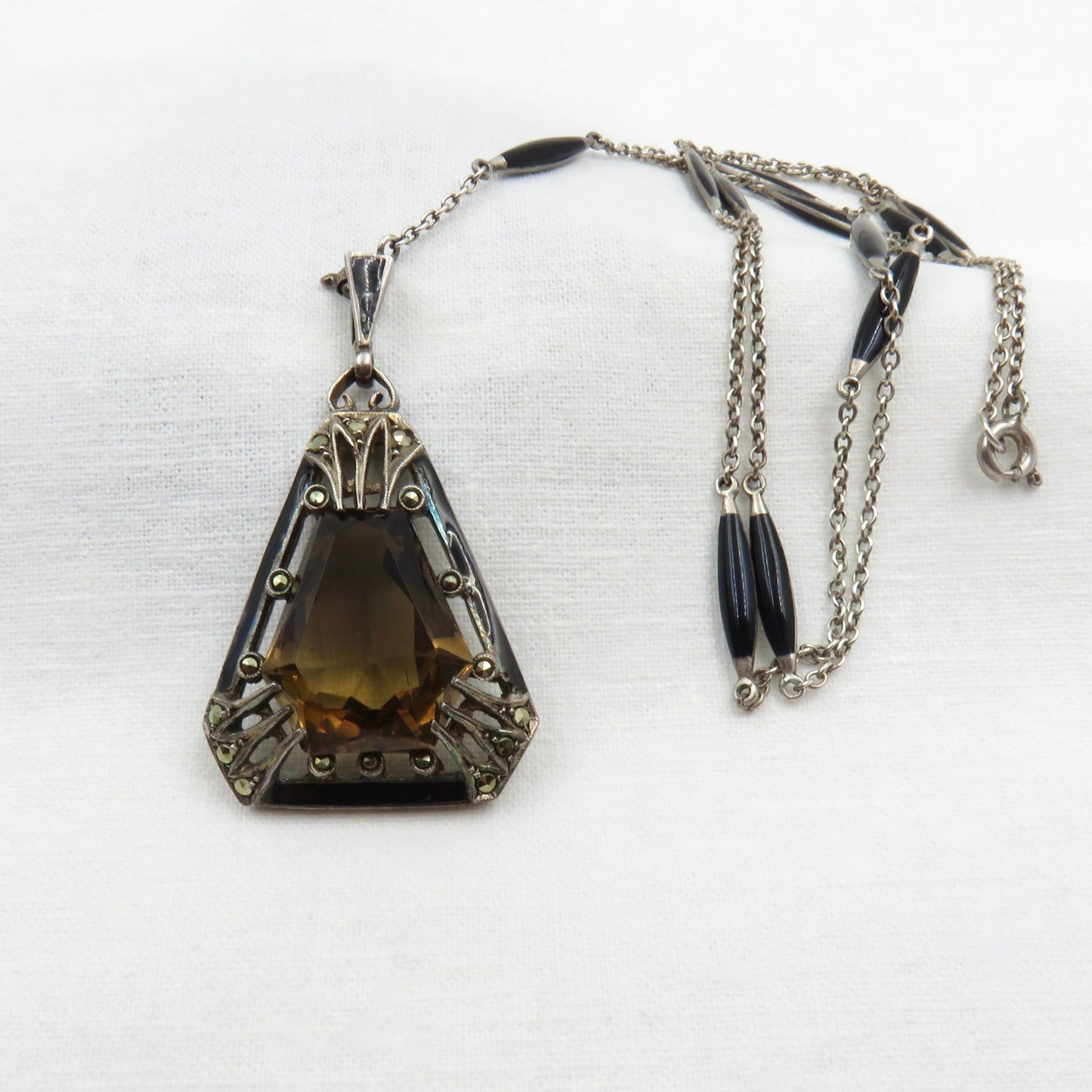 Circa 1920 Sterling Silver and Enamel Pendant set with Smoky Quartz