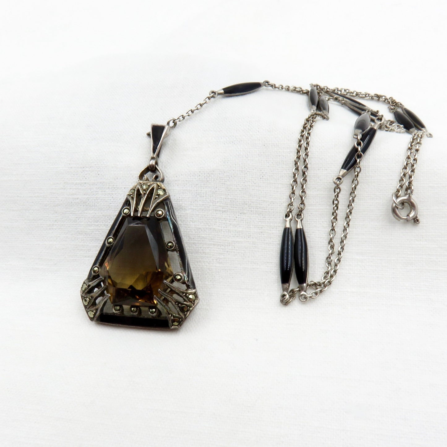 Circa 1920 Sterling Silver and Enamel Pendant set with Smoky Quartz