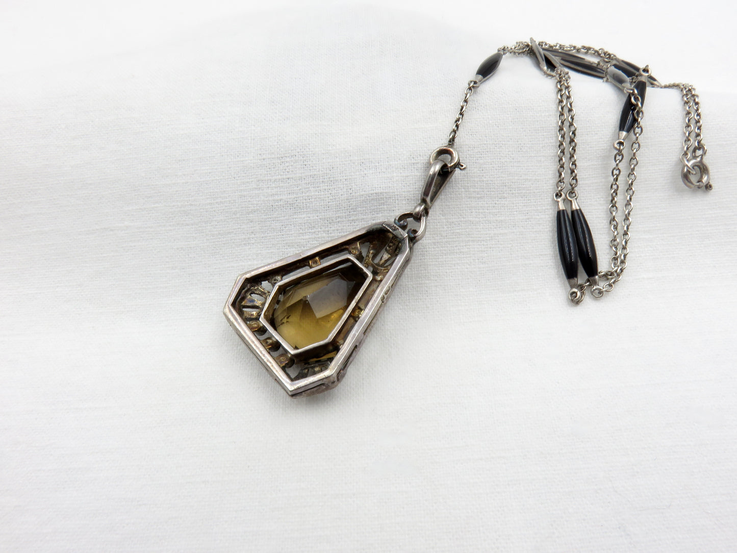 Circa 1920 Sterling Silver and Enamel Pendant set with Smoky Quartz