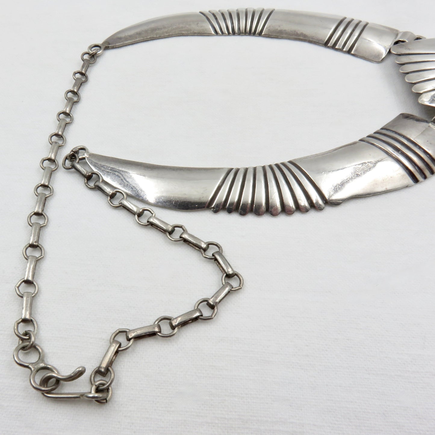 Circa 1940. Fred Baca Native American Silversmith Sterling Necklace with Acoma Jet