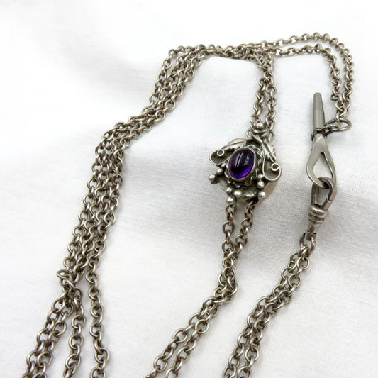 Circa 1890.  Victorian Silver and Amethyst Watch Chain/Slide Chain