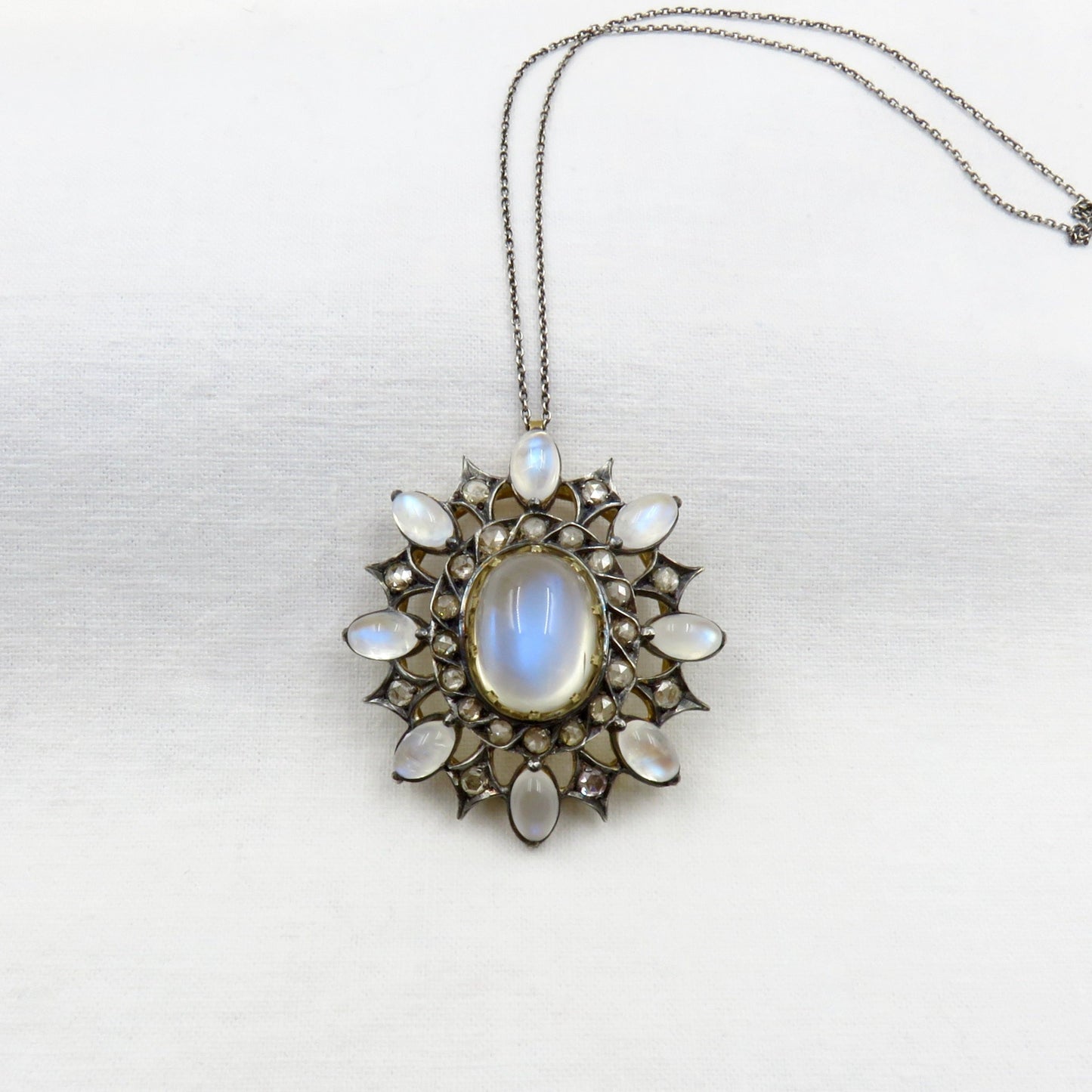 Circa 1890. Moonstone and Rose Cut Diamond Pendant