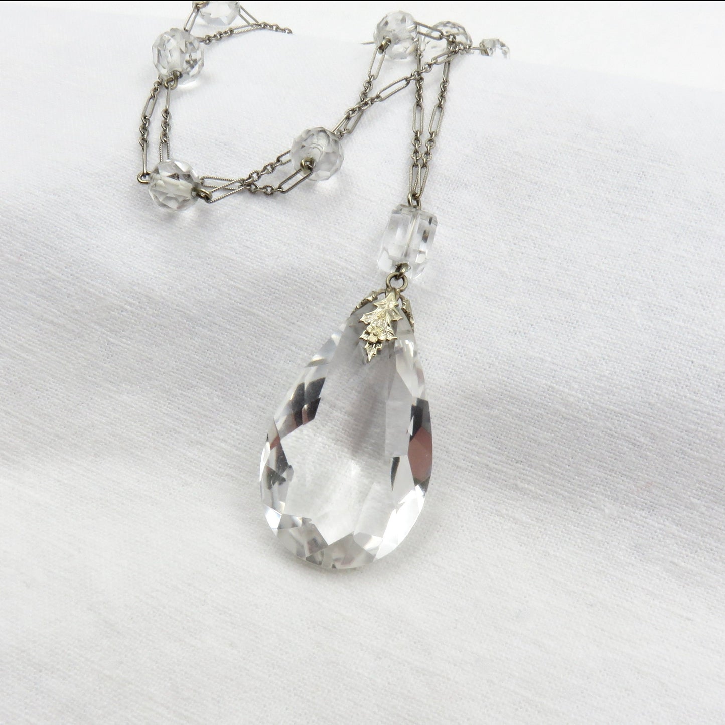 Circa 1920's Crystal and 14kt White Gold Necklace