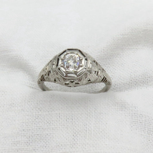 On Sale. Circa 1930 .58 Carat VS2, Color H, Old European cut Diamond Engagement Ring set in 18kt White Gold