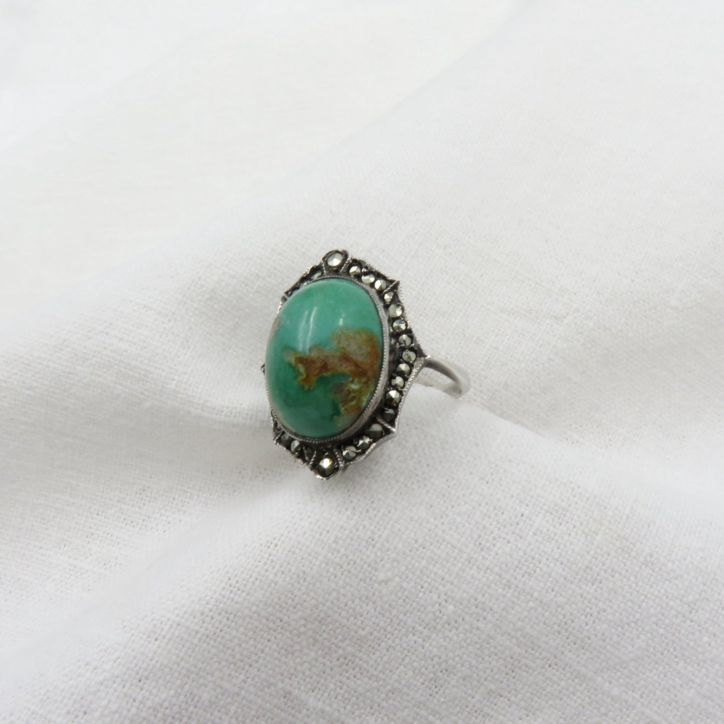 Antique Sterling Silver Turquoise Cabochon and Marcasite Ring